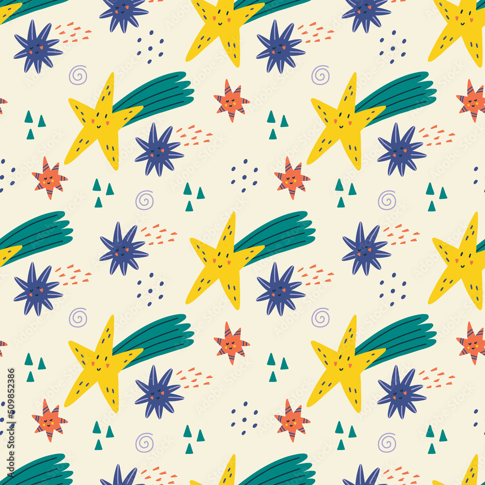 Characters bright stars seamless pattern. Star fall textile fabric background. Doodle hand drawn naive vector minimalism art
