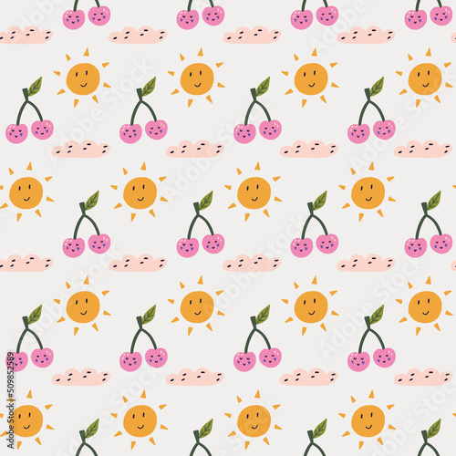 Summer seamless pattern characters cherry sun. Sunshine textile fabric background. Doodle hand drawn naive vector minimalism art