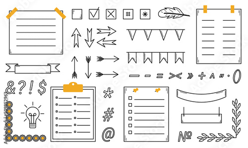 Hand-drawn elements of the bullet journal. Planning, reminders, organizer. Doodle style. Sketch. Vector illustration
