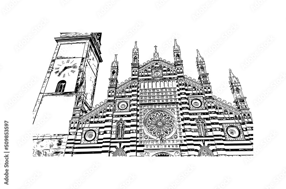 Building view with landmark of Monza is the city in Italy. Hand drawn sketch illustration in vector. Building view with landmark of Monza is the city in Italy. Hand drawn sketch illustration in vector.