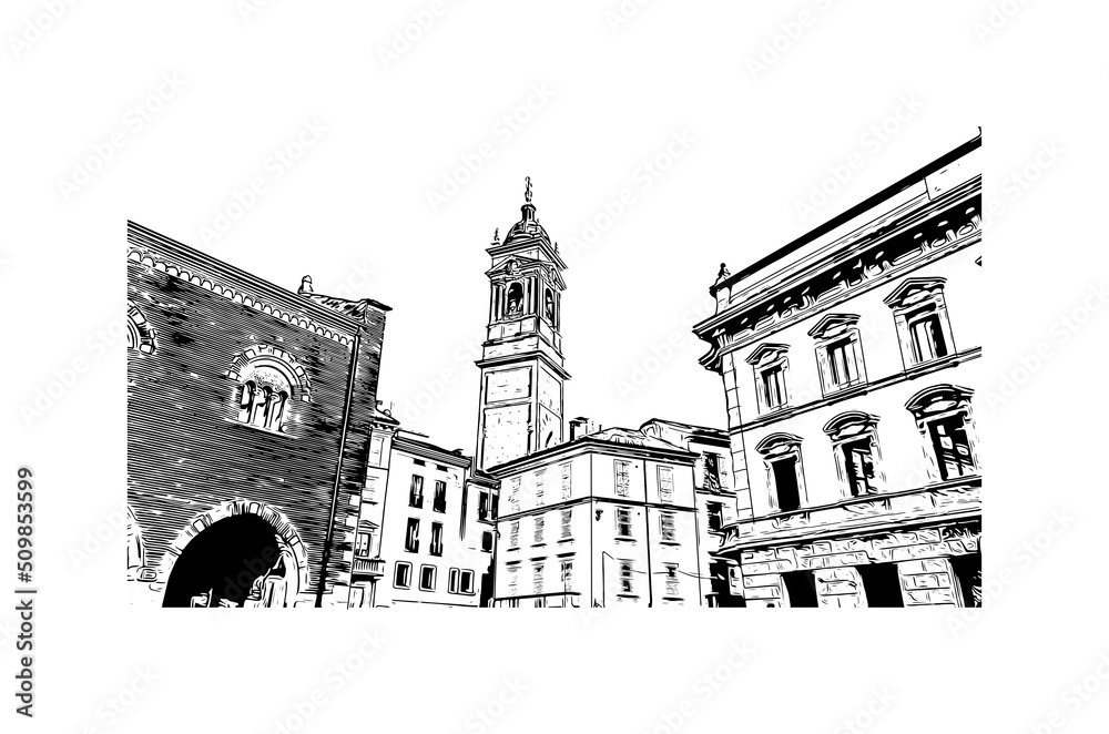Building view with landmark of Monza is the city in Italy. Hand drawn sketch illustration in vector.
