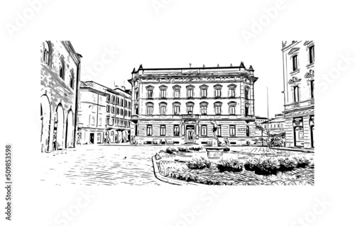 Building view with landmark of Monza is the city in Italy. Hand drawn sketch illustration in vector.