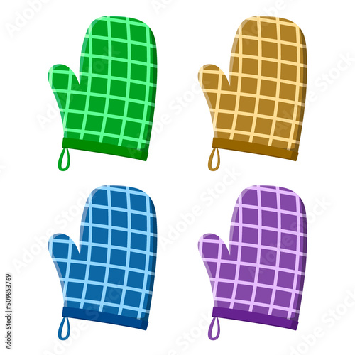 Kitchen potholder set. Illustration of kitchen utensils, for baking. Safety when working with hot objects. Checkered mitten. Vector illustration in cartoon style.