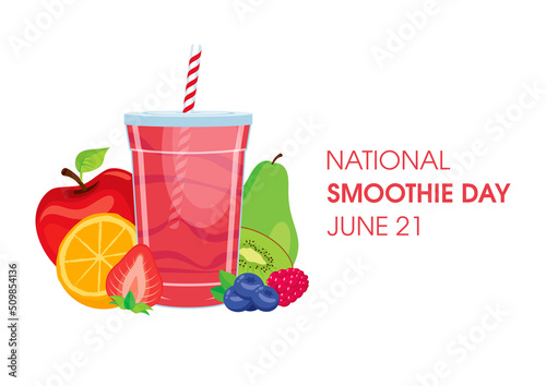 National Smoothie Day vector. Fresh pink smoothie in a plastic cup vector. Healthy fruit juice mix icon vector. Disposable cup of juice with straw and a pile of fruits vector. June 21. Important day