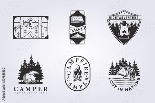 set of camper van badges vector illustration design for logo, print, apparel, shirt, patch, tee, icon, label. various of collection bundle camp icon with vintage style