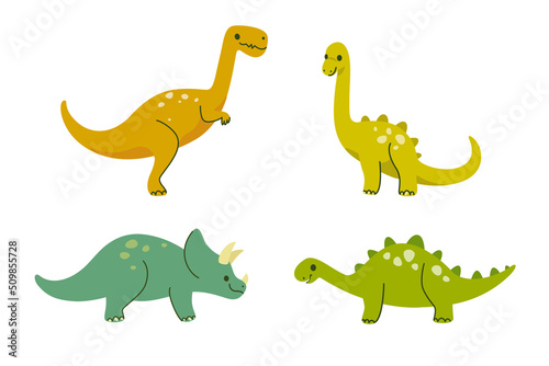 Fototapeta Naklejka Na Ścianę i Meble -  Cartoon animal characters. Set of dinosaurs - ceratops, parasaurolophus, brachiosaurus, tyrannosaur.