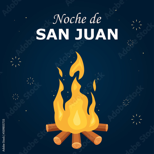 Noche de San Juan (St John's Eve). Greeting card or festive poster with bonfire. Vector illustration on dark background.(Spanish translation: Night of Saint John). photo
