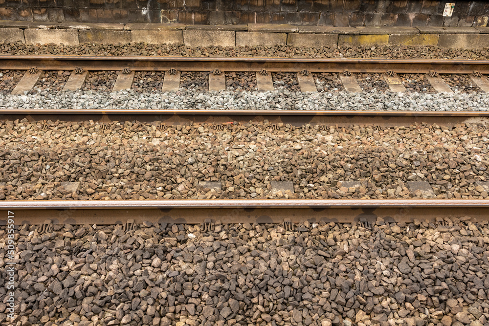 close up steel railway tracks and sleepers