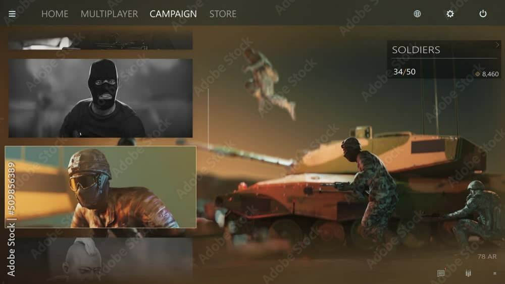 Soldier model selection screen in the warfare simulator video game. Selecting the soldiers in the shooter computer game. Selecting an assault soldier and loading a campaign mission in a game.
