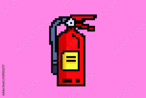 Fire extinguisher pixel style illustration vector, 8-bit concept, colorful fire department idea, pixel art, isolated on pink background, flat vector design, animation and video game asset