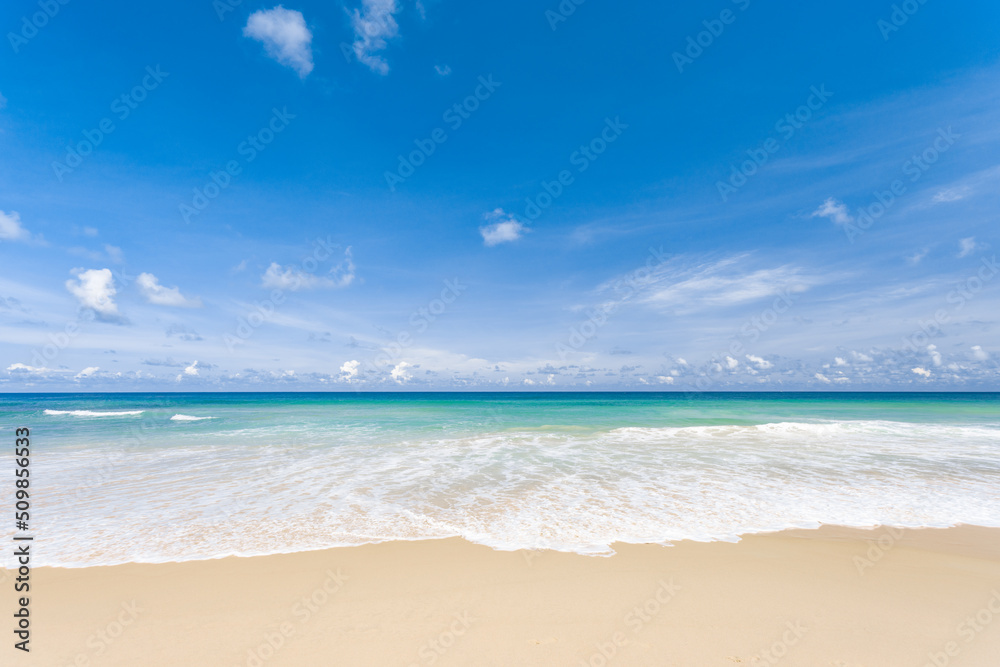 Travel vacation background concept at summer beach with the sunny sky at Phuket island, Thailand. Beautiful scene of blue sky and clouds on a sunny day. Empty holiday sea where horizon can see clearly