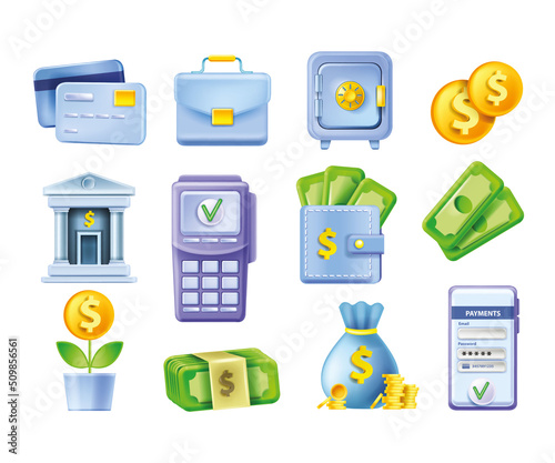 3D money bank icon set, vector finance business kit, credit card, building, coin, locked safe, briefcase. Online payment economy illustration, cashback wallet electronic terminal. Bank icon collection