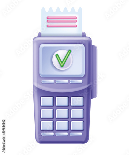 Payment terminal vector illustration, POS machine mobile bank device, PIN pad, receipt, checkmark. NFC transaction concept, isolated electronic cashless purchase icon. Payment terminal business reader