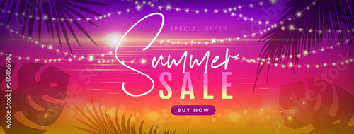 Summer big sale poster with tropic leaves and string of lights. Summer party background. Vector illustration
