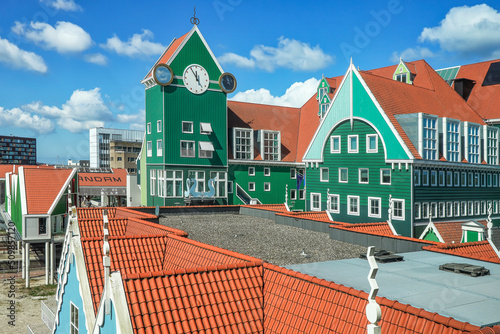 ZAANDAM, NETHERLANDS - April 26th, 2022: View to iconic architecture of Central Rail Station Zaandam, one of the most recognizable in the Netherlands