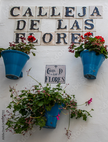 Sign and  flower pots in one of the most touristic streets of Córdoba, Spain.The name of the street is 