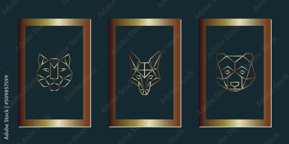 Set of modern posters in gold frames with abstract polygonal animal heads on black background. Linear geometric cat fox and bear. Luxory art design.  Vector illustration. 