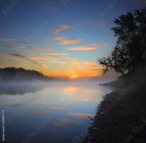 beautiful fog sunrise on river