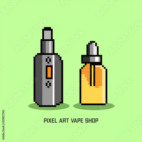 Pixel art E-liquid flavors. Pixel vaping juice or vape juice signs. set of e-liquid for the vaporizer, Pixel bottle with fruit flavor 