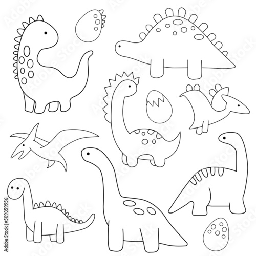 Vector set of hand drawn dinosaurs. Clipart set. Line style. Dino and dinosaur eggs.
Cute dinosaurs set. Lovely vector collection of animals for the coloring book or page for kids and adults.