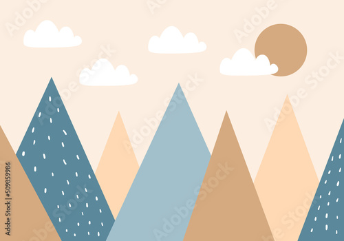 Mountains, sun and clouds. For children's wallpapers, decor, web banners, posters. Vector illustration. Children's wallpaper. Hand drawn in scandinavian style. Mountain landscape. © YUSI_DESIGN