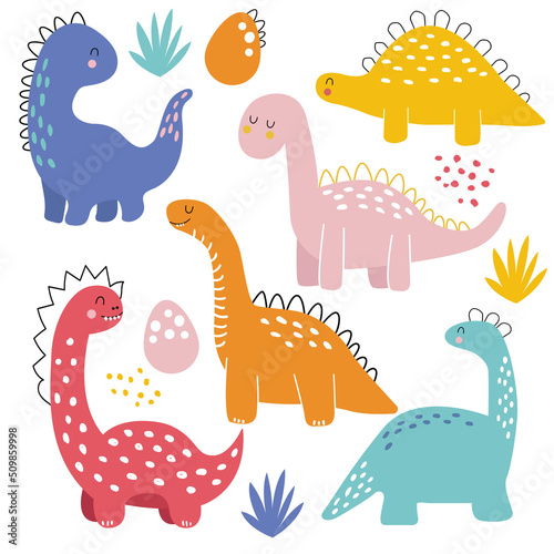 Vector hand drawn colored set of cute dinosaurs. Dino, eggs, tropical bushes and dots. On white background clipart set.