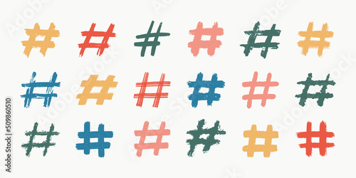 Hashtags, vector ink painted tag icons on white background. Hand Drawn vector illustration.