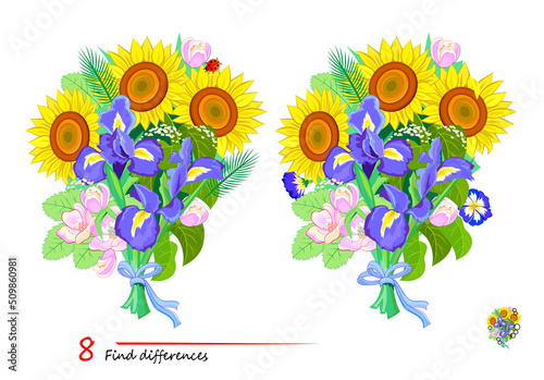 Find 8 differences. Illustration of a bouquet of flowers. Logic puzzle game for children and adults. Page for kids brain teaser book. Developing counting skills. IQ test. Play online. Vector image.