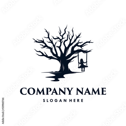 Little girl swinging under the tree in logo design