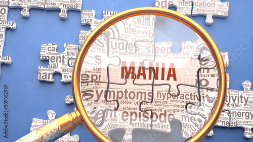 Mania as a complex and multipart topic under close inspection. Complexity shown as matching puzzle pieces defining dozens of vital ideas and concepts about Mania,3d illustration photo