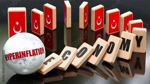 Turkey and hyperinflation, economy and domino effect - chain reaction in Turkey set off by hyperinflation causing a crash - economy blocks and Turkey flag,3d illustration