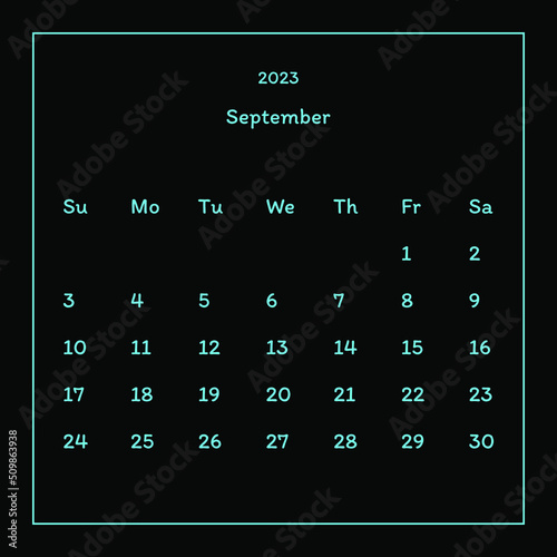 Simple calendar with neon numbers. September. Week Sunday, Monday, Tuesday, Wednesday, Thursday, Friday, Saturday. Black background. Vector illustration.