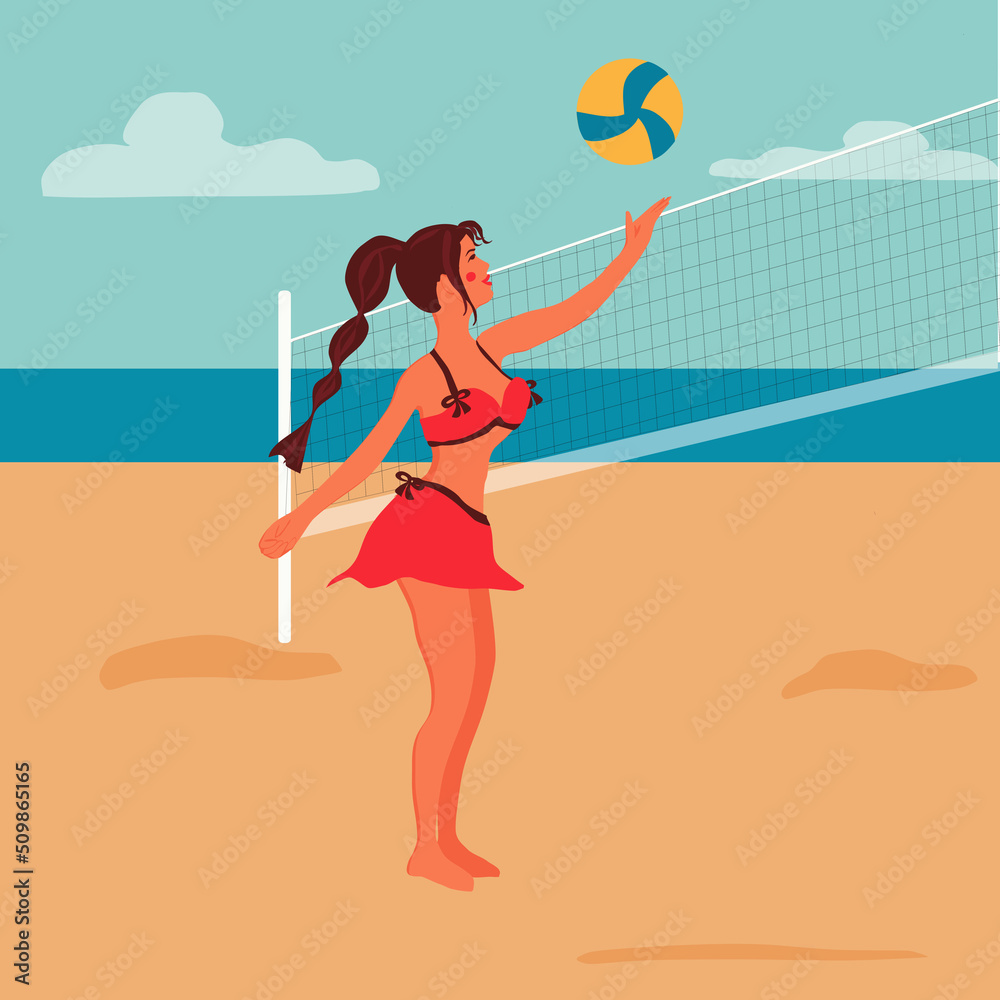 Vector illustration of a girl on the beach playing beach volleyball