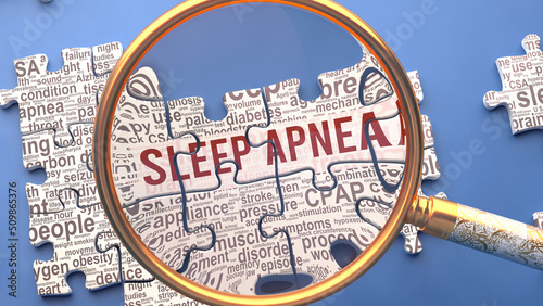 Sleep apnea as a complex and multipart topic under close inspection. Complexity shown as matching puzzle pieces defining dozens of vital ideas and concepts about Sleep apnea,3d illustration