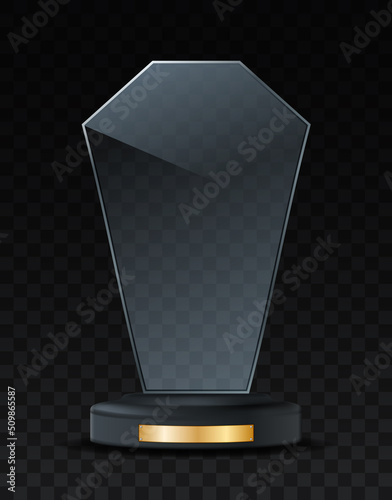 Award trophy concept. Unusual polygon made of glass on golden stand. Cup for winner in competition, achievement of goals and motivation. Best employee award. Realistic isometric vector illustration