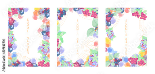 A large collection of brochure templates with berries and watercolor texture of pink, yellow, blue and purple. Business presentation vector vertical orientation layout of the first page set. 