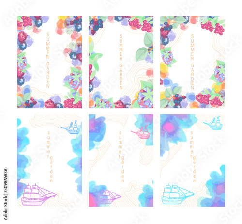 Wallpaper Mural A large collection of brochure templates with berries and ship, watercolor texture of pink, yellow, blue and purple. Business presentation vector vertical orientation layout of the first page set.  Torontodigital.ca