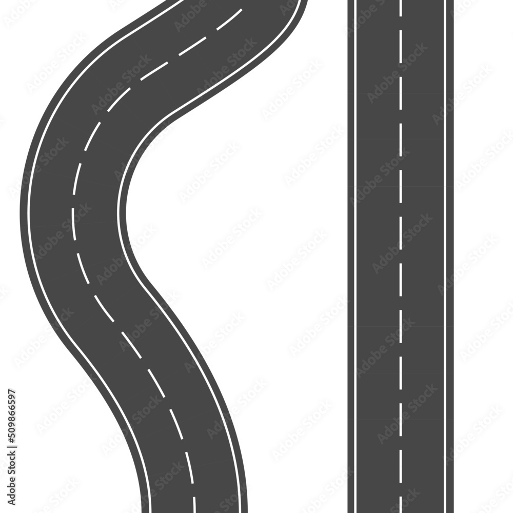 Winding and straight road and road bends with road stripes, vector illustration