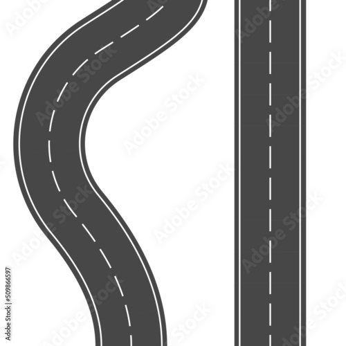 Winding and straight road and road bends with road stripes, vector illustration