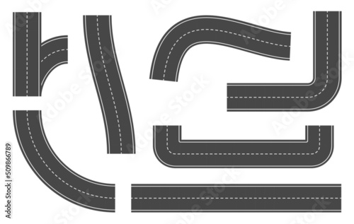 Set of road / road lanes with road stripes, vector illustration. Curved and straight road elements.