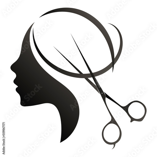 Beautiful silhouette of girls with curls of hair. Stylist scissors cut hair. Symbol for beauty salon