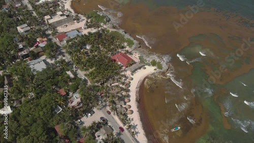 Aerial view of Tulum road and white sand beach with large amount of sargassum seaweed hitting the coastline on a bright sunny day