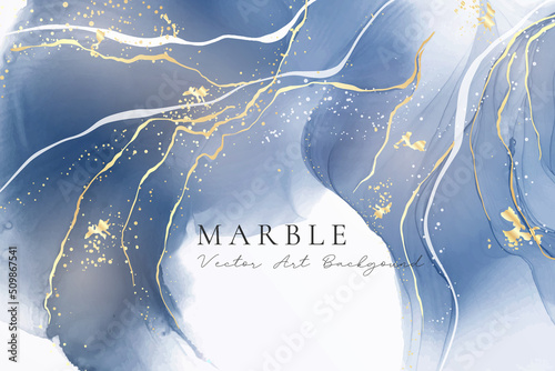 Cyan navy liquid marble watercolor background with gold lines and brush stains. Teal grey marbled alcohol ink drawing effect. Vector illustration backdrop, watercolour wedding invitation