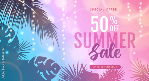 Summer big sale poster with tropic leaves and string of lights. Summer party background. Vector illustration