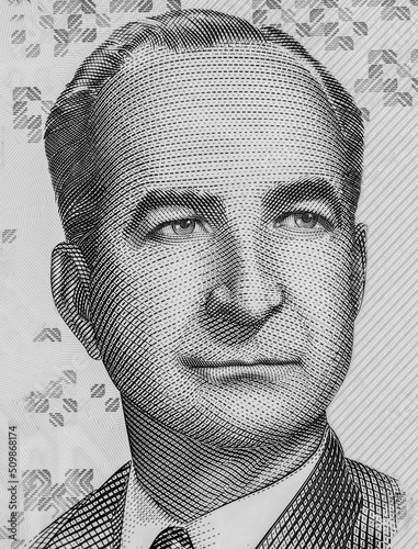 José Figueres Ferrer with himself pictured in the background abolishing the Costa Rican Army. Portrait from Costa Rica 10 000 Colones 2019 Banknotes.
