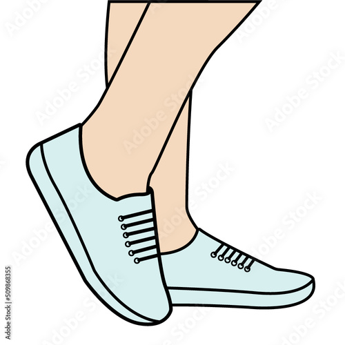 Feet in sneakers, sports shoes. Vector, drawing, schematic drawing.