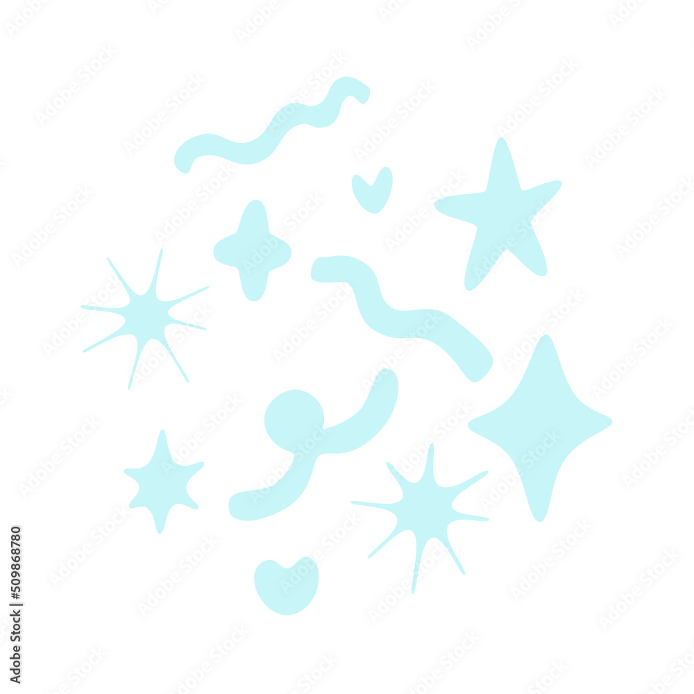 Blue hand drawn decoration elements for party, festivals, anniversaries, and the new year. Cut vector icons isolated on white background. Set of different colored stars and ribbons Blue hand drawn decoration elements for party, festivals, anniversaries, and the new year. Cut vector icons isolated on white background. Set of different colored stars and ribbons