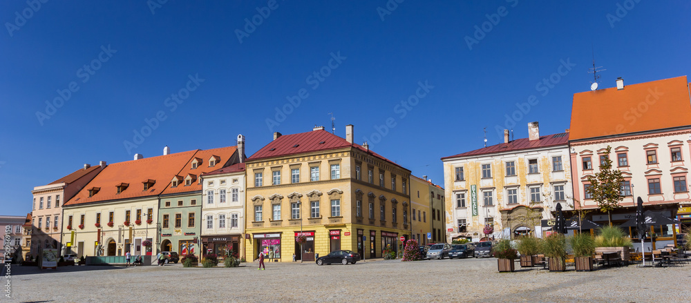 Panorama of shops and restaurants at the market square of Znojmo, Czech Republic
