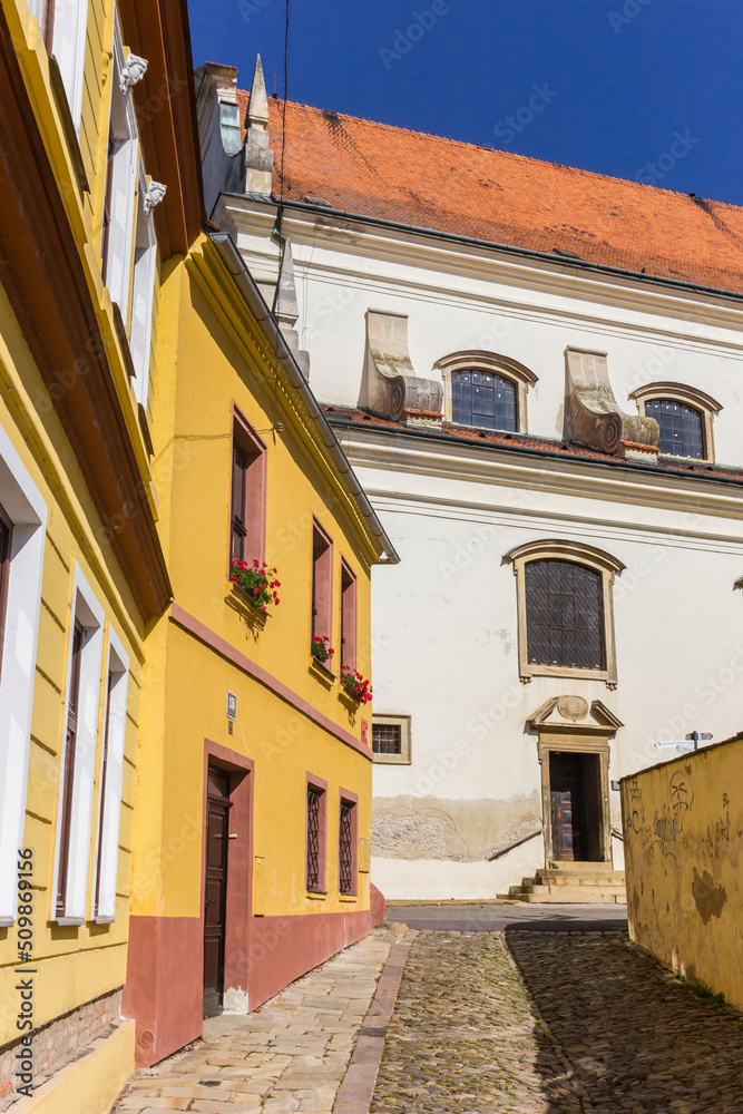 Colorful houses and the Michala church in Znojmo, Czech Republic
