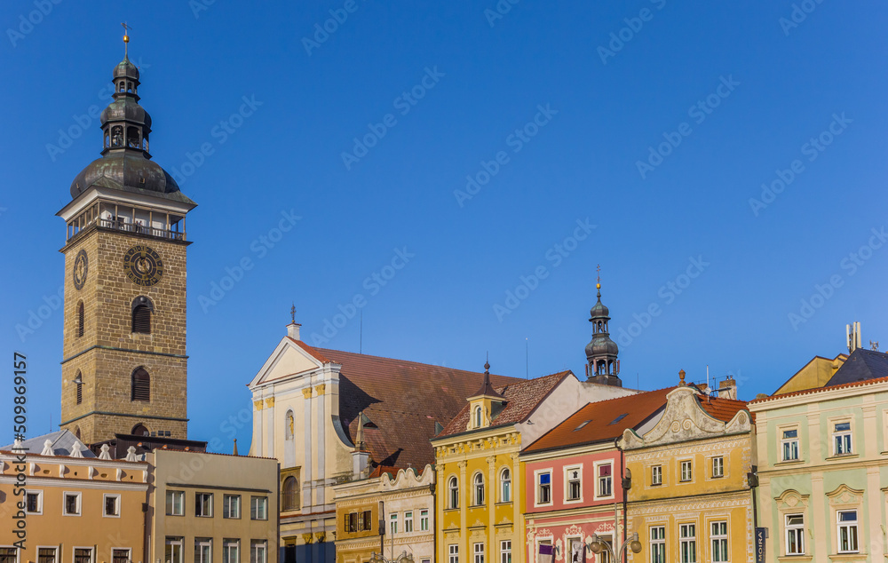 Colorful houses and the historic black tower in Ceske Budejovice, Czech Republic